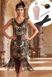 Robe moulante midi des années 1920 à col V noire et or avec paillettes, perles, franges et ensemble d'accessoires 5 pièces