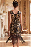 Robe moulante midi des années 1920 à col V noire et or avec paillettes, perles, franges et ensemble d'accessoires 5 pièces