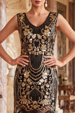 Robe moulante midi des années 1920 à col V noire et or avec paillettes, perles, franges et ensemble d'accessoires 5 pièces