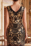 Robe moulante midi des années 1920 à col V noire et or avec paillettes, perles, franges et ensemble d'accessoires 5 pièces