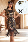 Robe moulante midi des années 1920 à col rond noire et or avec perles, paillettes, franges et ensemble d'accessoires 4 pièces