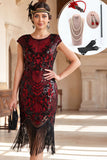Robe midi des années 1920 à col rond noire et rouge avec franges, paillettes et ensemble d'accessoires 5 pièces