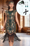 Robe midi des années 1920 à col rond or avec paillettes, perles, franges et ensemble d'accessoires 4 pièces