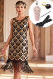 Robe noire et or à col rond avec paillettes, franges, sans bretelles, des années 1920 avec ensemble d'accessoires 5 pièces