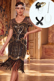 Robe bodycon midi des années 1920 noire dorée à paillettes dorées avec ensemble d’accessoires 5 pièces
