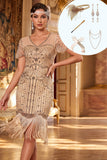Robe moulante midi des années 1920 à col en V abricot à franges avec ensemble d’accessoires 5 pièces