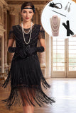 Robe des années 1920 à paillettes noires à col rond à franges et fourreau frangé avec ensemble d’accessoires 5 pièces