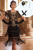 Robe midi à franges noire dorée à paillettes robe midi des années 1920 à franges à étages avec ensemble d’accessoires 4 pièces