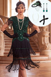 Robe des années 1920 à paillettes à col rond noir-vert à franges avec ensemble d’accessoires en 4 pièces