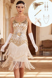 Robe Body, Anneau des années 1920, Sequins abricots, robe à bretelles fines à franges avec accessoires 5 pièces