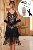 Sequins noirs dorés à col en V, bretelles fines, robe fourreau frangée des années 1920 avec ensemble d’accessoires 5 pièces