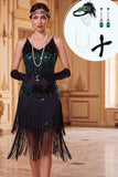 Robe des années 1920 à bretelles franges aux sequins bodycon, noir-vert, avec accessoires 4 pièces