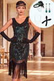 Robe bodycon épousée des années 1920 à paillettes noires vertes à franges scintillantes avec ensemble d’accessoires en 4 pièces