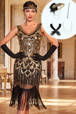 Robe bodycon moulante des années 1920 à col doré doré à paillettes, franges, avec ensemble d’accessoires en 4 pièces