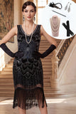 Robe bodycon noire perlée à col en V à franges des années 1920 avec ensemble d’accessoires en 5 pièces