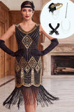 Robe moulante des années 1920 à paillettes noires dorées à franges avec un ensemble d’accessoires 5 pièces