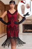 Robe bodycon franges à col en V noire rouge des années 1920 avec ensemble d’accessoires 5 pièces