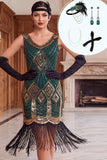 Robe bodycon midi années 1920 à paillettes dorées vertes à franges et à col en V avec ensemble d’accessoires en 4 pièces