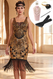 Robe noire dorée à col en V avec sequins franges des années 1920 avec ensemble d’accessoires 5 pièces