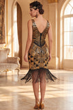 Robe noire dorée à col en V avec sequins franges des années 1920 avec ensemble d’accessoires 5 pièces