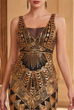 Robe noire dorée à col en V avec sequins franges des années 1920 avec ensemble d’accessoires 5 pièces