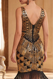 Robe noire dorée à col en V avec sequins franges des années 1920 avec ensemble d’accessoires 5 pièces