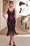 Robe bodycon en vrille à col en V à franges noires, sequins rouges, robe des années 1920 avec ensemble 5 pièces d’accessoires