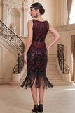 Robe bodycon en vrille à col en V à franges noires, sequins rouges, robe des années 1920 avec ensemble 5 pièces d’accessoires