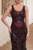 Robe bodycon en vrille à col en V à franges noires, sequins rouges, robe des années 1920 avec ensemble 5 pièces d’accessoires