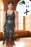 Robe bodycon en vrille, col en V en tulle vert foncé, robe des années 1920 avec ensemble d’accessoires 4 pièces