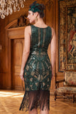 Robe bodycon en vrille, col en V en tulle vert foncé, robe des années 1920 avec ensemble d’accessoires 4 pièces