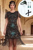 Robe bodycon des années 1920 à col rond vert à col rond, à franges, avec ensemble d’accessoires 4 pièces