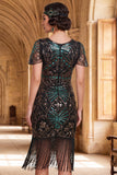 Robe bodycon des années 1920 à col rond vert à col rond, à franges, avec ensemble d’accessoires 4 pièces