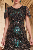 Robe bodycon des années 1920 à col rond vert à col rond, à franges, avec ensemble d’accessoires 4 pièces