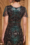 Robe bodycon des années 1920 à col rond vert à col rond, à franges, avec ensemble d’accessoires 4 pièces