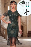 Robe Bodycon à paillettes vert foncé à col rond à franges des années 1920 avec ensemble d’accessoires 4 pièces