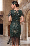 Robe Bodycon à paillettes vert foncé à col rond à franges des années 1920 avec ensemble d’accessoires 4 pièces