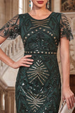Robe Bodycon à paillettes vert foncé à col rond à franges des années 1920 avec ensemble d’accessoires 4 pièces