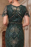 Robe Bodycon à paillettes vert foncé à col rond à franges des années 1920 avec ensemble d’accessoires 4 pièces