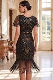 Robe des années 1920 à col rond noire dorée à sequins frangés avec un ensemble d’accessoires 5 pièces
