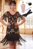 Robe bodycon des années 1920 à col rond doré à col rond à franges, robe bodycon accessoires 5 pièces