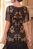 Robe bodycon des années 1920 à col rond doré à col rond à franges, robe bodycon accessoires 5 pièces