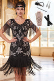 Robe body-moulante des années 1920 aux perles argentées noires à perles franges, avec ensemble d’accessoires 4 pièces