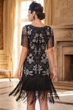 Robe body-moulante des années 1920 aux perles argentées noires à perles franges, avec ensemble d’accessoires 4 pièces