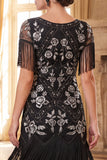 Robe body-moulante des années 1920 aux perles argentées noires à perles franges, avec ensemble d’accessoires 4 pièces
