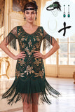 Robe bodycon épousée des années 1920 aux paillettes vertes dorées en V-Necck avec un ensemble d’accessoires 4 pièces