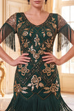 Robe bodycon épousée des années 1920 aux paillettes vertes dorées en V-Necck avec un ensemble d’accessoires 4 pièces