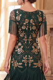 Robe bodycon épousée des années 1920 aux paillettes vertes dorées en V-Necck avec un ensemble d’accessoires 4 pièces