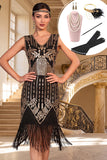 Robe bodycon en V à col en V noire aux sequins dorés noirs des années 1920 avec ensemble 5 pièces