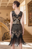 Robe bodycon en V à col en V noire aux sequins dorés noirs des années 1920 avec ensemble 5 pièces